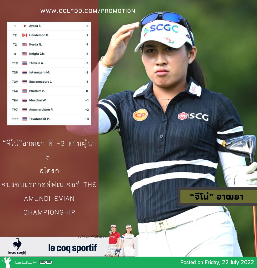 จบรอบแรกกอล์ฟเมเจอร์ The Amundi Evian Championship “จีโน่” อาฒยา ตี -3 ตามผู้นำ 5 สโตรก 